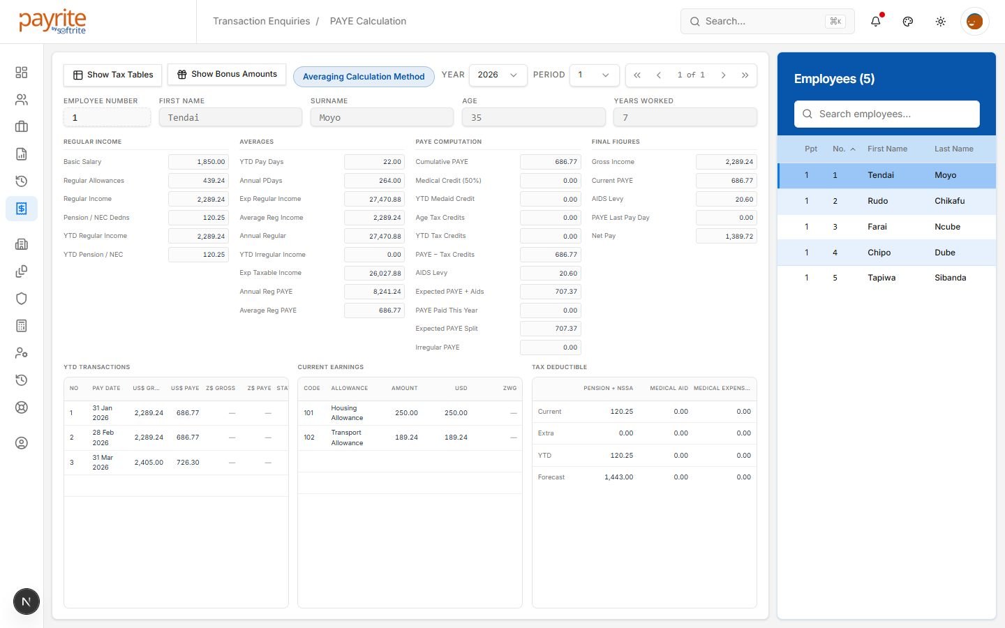Payrite PAYE calculation screen applying ZIMRA tax tables in USD and ZWG